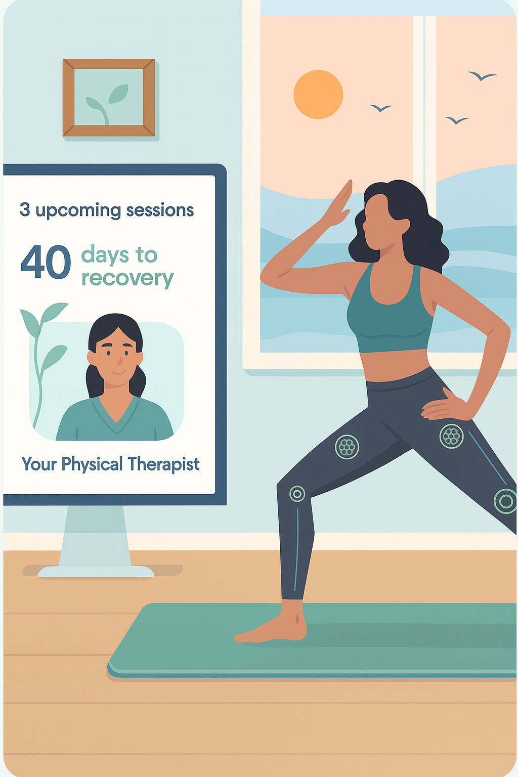 Virtual physical therapy session showing patient doing exercises at home with motion tracking and therapist guidance on screen